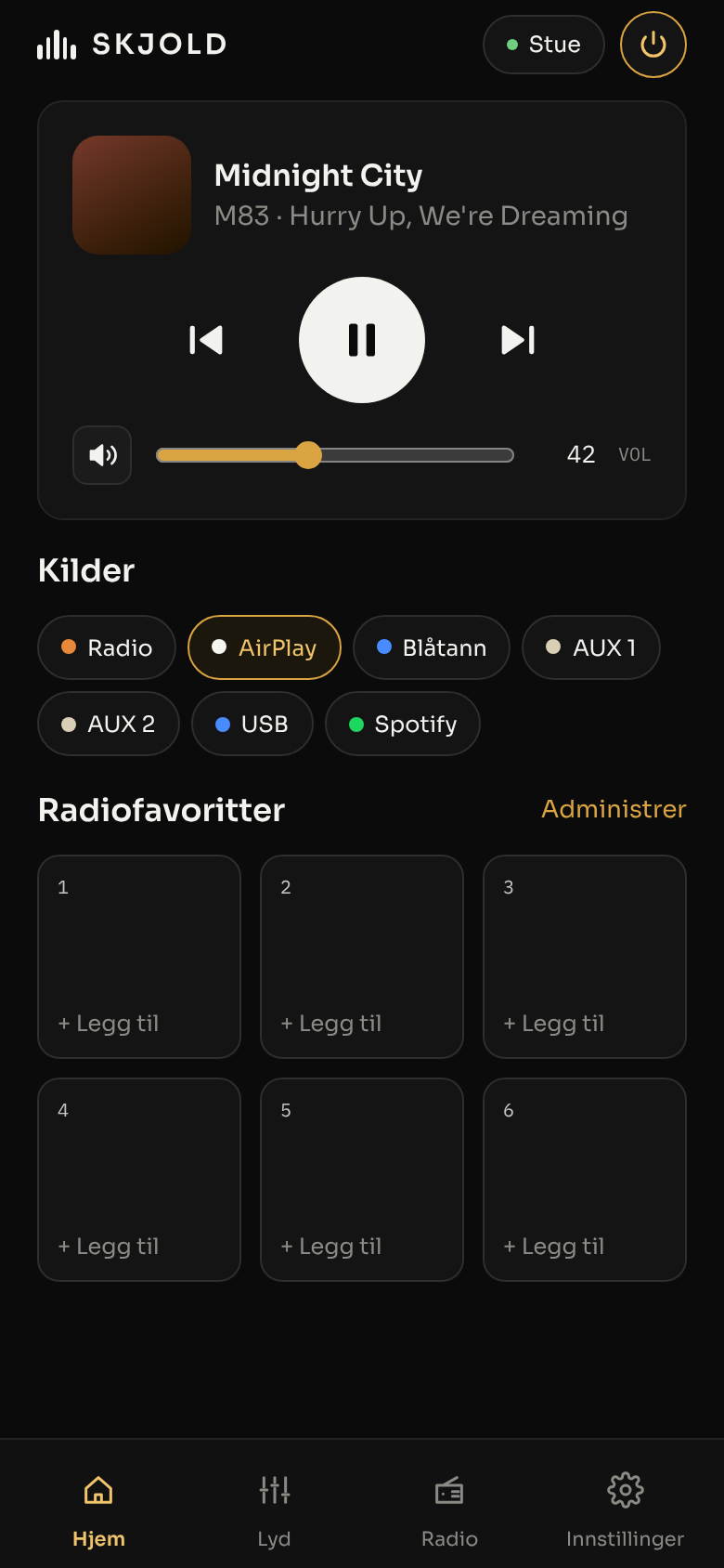 Skjold-appen på mobil: AirPlay spiller, volum, kilder og radiofavoritter